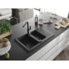 Mexen Gaspar granite sink 1.5-bowl with drainer and Flora kitchen tap, speckled black - 6507-76-670401-70-B