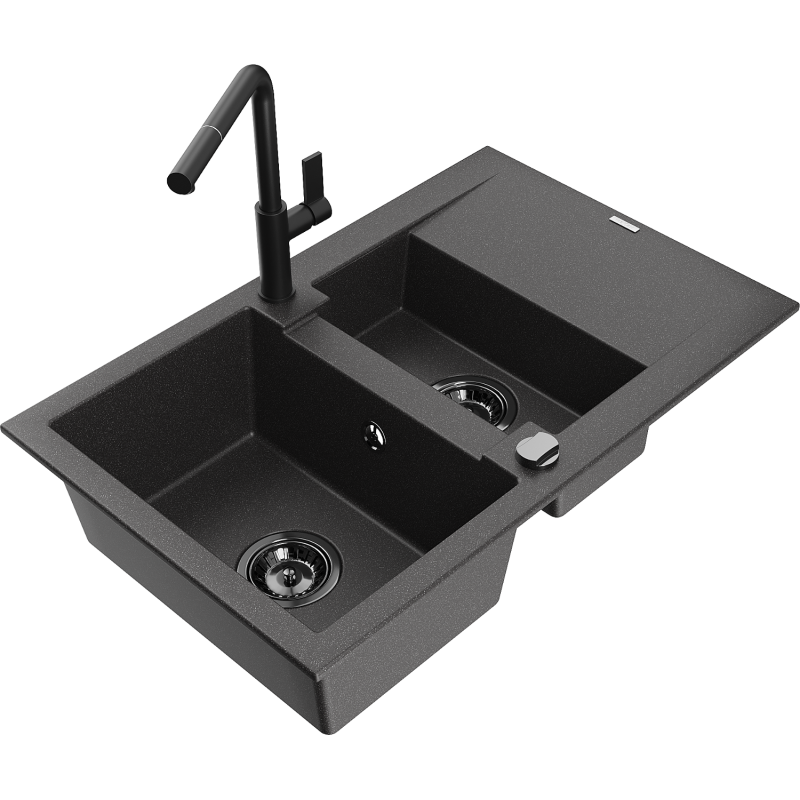 Mexen Gaspar 1.5-compartment granite sink with a drip tray and kitchen mixer tap Flora, spotted black - 6507-76-670401-70-B