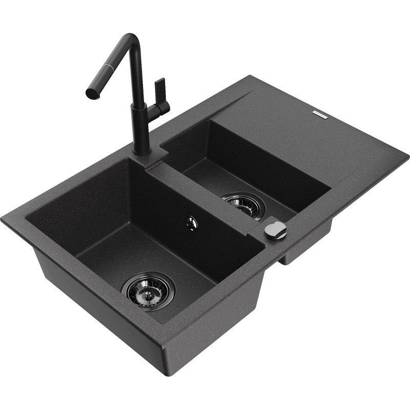 Mexen Gaspar granite sink 1.5-bowl with drainer and Flora kitchen faucet, black speckled - 6507-76-670401-70-B