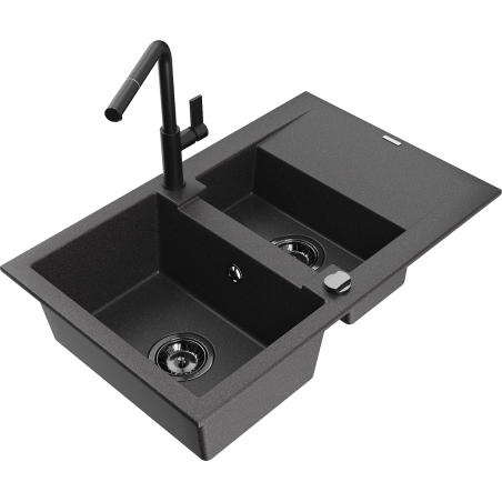 Mexen Gaspar 1.5-Bowl Granite Sink with Drainer and Flora Kitchen Faucet, Speckled Black - 6507-76-670401-70-B
