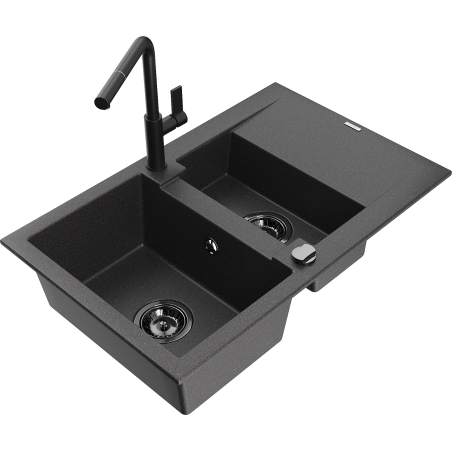 Mexen Gaspar granite sink 1.5-bowl with drainer and Flora kitchen faucet, black speckled - 6507-76-670401-70-B