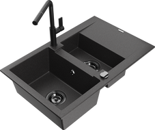 Mexen Gaspar granite sink 1.5-bowl with drainer and Flora kitchen faucet, black speckled - 6507-76-670401-70-B