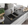 Mexen Gaspar granite sink 1.5-bowl with drainer and Flora kitchen tap, black speckled - 6507-76-670401-75-G