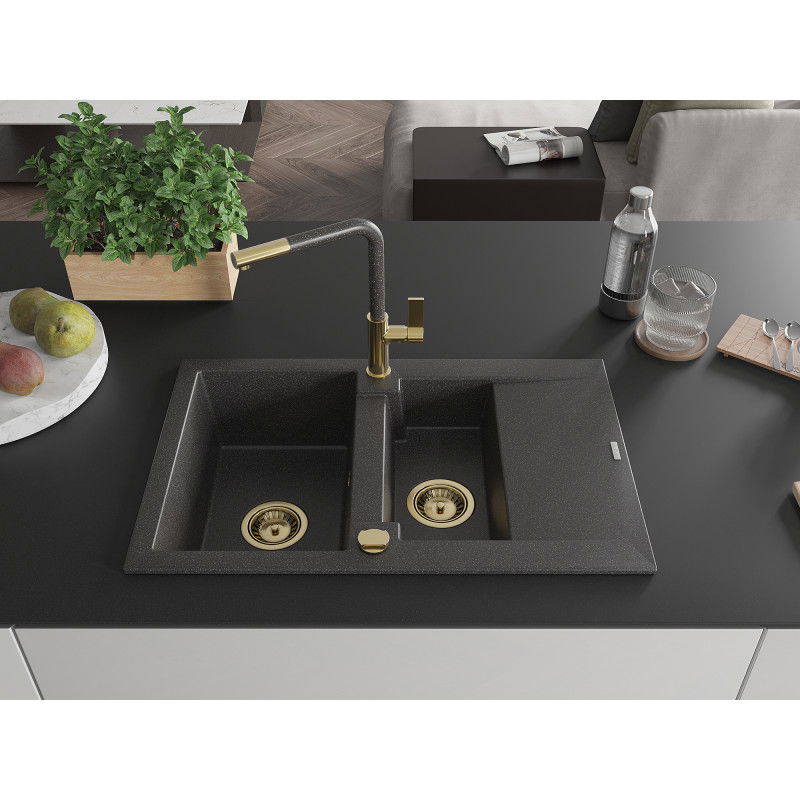 Mexen Gaspar granite sink 1.5-bowl with drainer and Flora kitchen tap, black speckled - 6507-76-670401-75-G