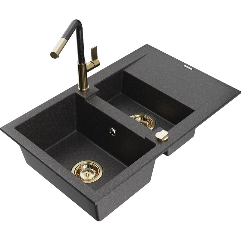 Mexen Gaspar 1.5-bowl granite kitchen sink with drainer and Flora kitchen faucet, black speckled - 6507-76-670401-75-G