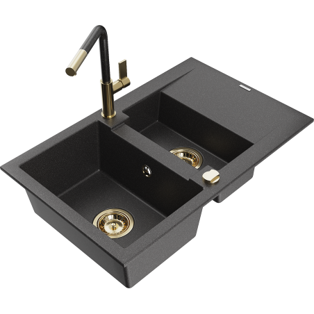 Mexen Gaspar granite sink 1.5-bowl with drainer and Flora kitchen tap, black speckled - 6507-76-670401-75-G