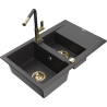 Mexen Gaspar 1.5-bowl granite kitchen sink with drainer and Flora kitchen faucet, black speckled - 6507-76-670401-75-G