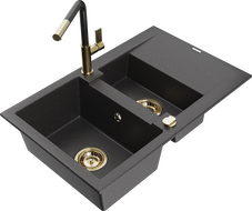 Mexen Gaspar 1.5-bowl granite kitchen sink with drainer and Flora kitchen faucet, black speckled - 6507-76-670401-75-G
