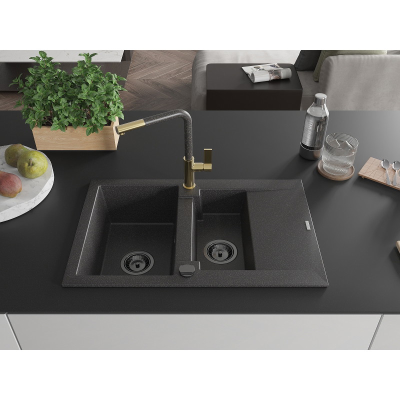 Mexen Gaspar granite sink 1.5-bowl with drainer and Flora kitchen faucet, speckled black - 6507-76-670401-75-B