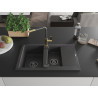 Mexen Gaspar 1.5-bowl granite sink with drainer and Flora kitchen faucet, black speckled - 6507-76-670401-75-B