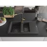 Mexen Gaspar granite sink 1.5-bowl with drainer and Flora kitchen tap, speckled black - 6507-76-670401-75-B