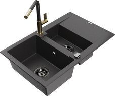 Mexen Gaspar granite sink 1.5-bowl with drainer and Flora kitchen faucet, speckled black - 6507-76-670401-75-B