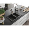 Mexen Gaspar granite sink 1.5-bowl with drainer and Flora kitchen faucet, speckled black - 6507-76-670401-75-B