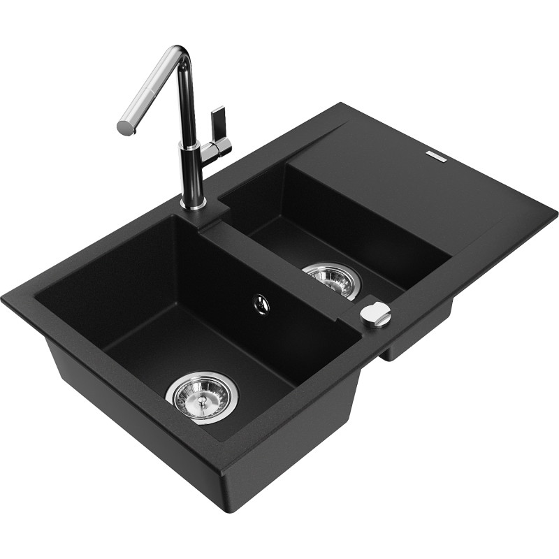 Mexen Gaspar 1.5-Bowl Granite Sink with Drainer and Flora Kitchen Faucet, Black - 6507-77-670401-00
