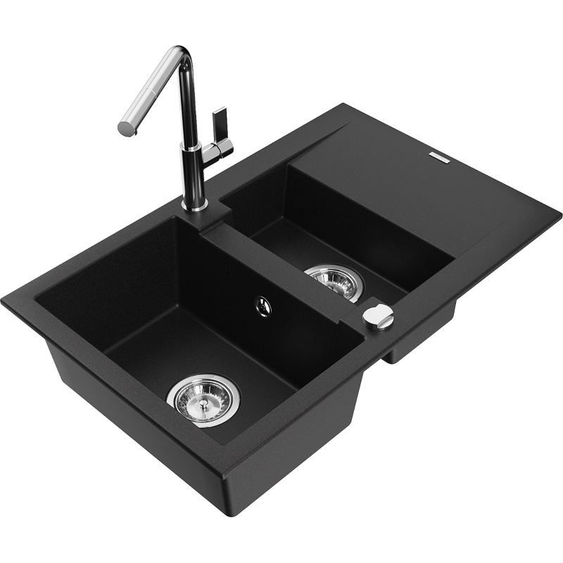 Mexen Gaspar 1.5-compartment granite sink with a drip tray and kitchen mixer tap Flora, Black - 6507-77-670401-00