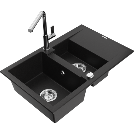 Mexen Gaspar 1.5-Bowl Granite Sink with Drainer and Flora Kitchen Faucet, Black - 6507-77-670401-00