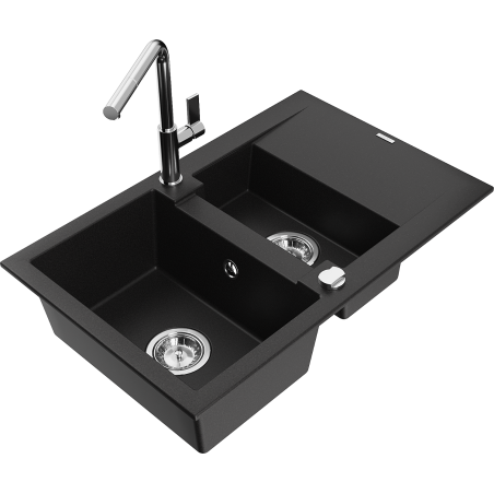 Mexen Gaspar granite sink 1.5-bowl with drainer and Flora kitchen faucet, black - 6507-77-670401-00
