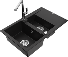 Mexen Gaspar 1.5-Bowl Granite Sink with Drainer and Flora Kitchen Faucet, Black - 6507-77-670401-00