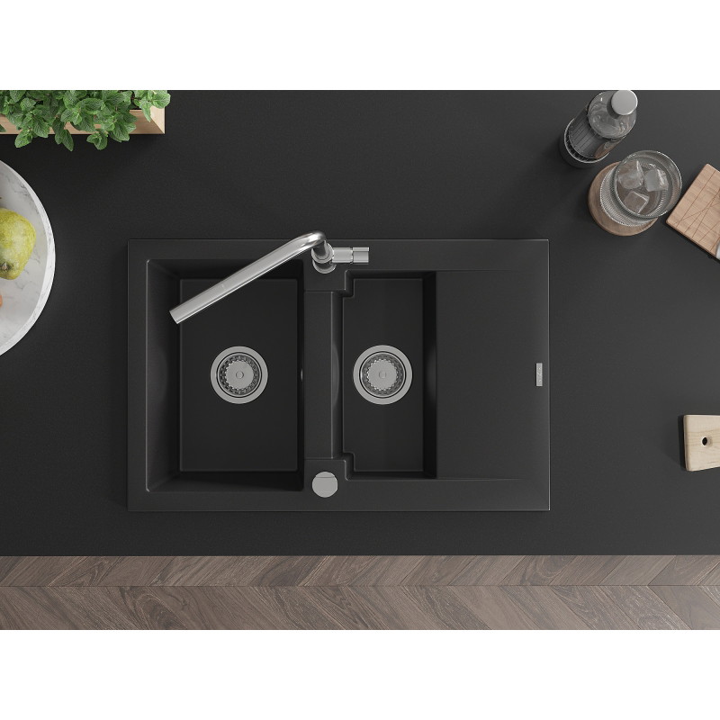 Mexen Gaspar 1.5-Bowl Granite Sink with Drainer and Flora Kitchen Faucet, Black - 6507-77-670401-00
