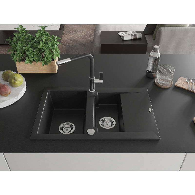 Mexen Gaspar granite sink 1.5-bowl with drainer and Flora kitchen tap, black - 6507-77-670401-07
