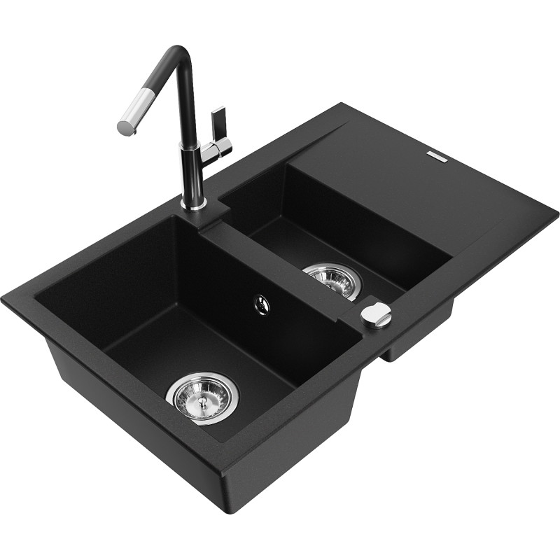 Mexen Gaspar granite sink 1.5-bowl with drainer and Flora kitchen faucet, black - 6507-77-670401-07