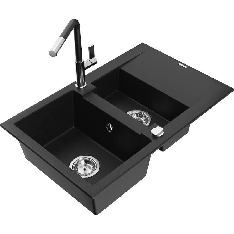 Mexen Gaspar granite sink 1.5-bowl with drainer and Flora kitchen tap, black - 6507-77-670401-07