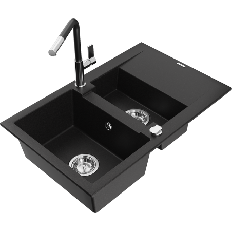 Mexen Gaspar 1.5-compartment granite sink with a drip tray and kitchen mixer tap Flora, Black - 6507-77-670401-07