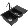 Mexen Gaspar 1.5-compartment granite sink with a drip tray and kitchen mixer tap Flora, Black - 6507-77-670401-07