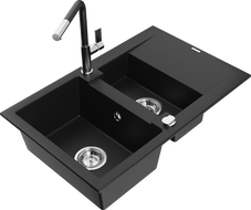 Mexen Gaspar granite sink 1.5-bowl with drainer and Flora kitchen faucet, black - 6507-77-670401-07