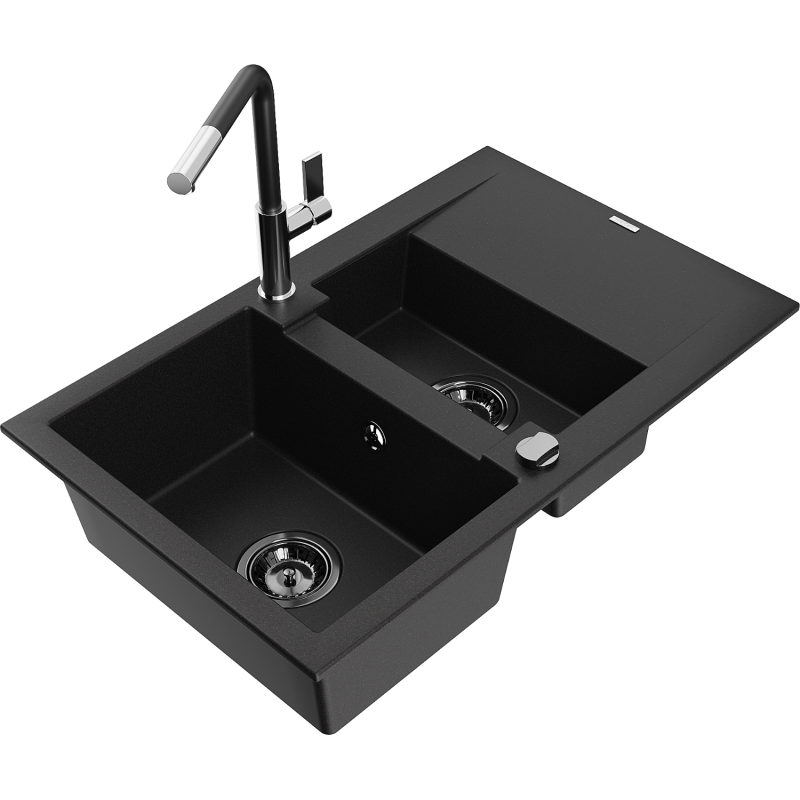 Mexen Gaspar 1.5-compartment granite sink with a drip tray and kitchen mixer tap Flora, Black - 6507-77-670401-07-B