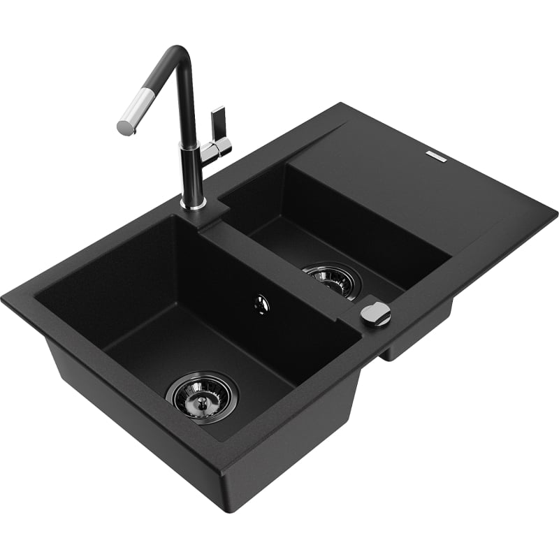 Mexen Gaspar granite sink 1.5-bowl with drainer and Flora kitchen faucet, black - 6507-77-670401-07-B