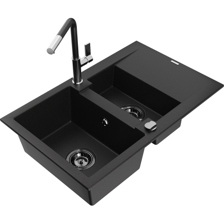 Mexen Gaspar 1.5-compartment granite sink with a drip tray and kitchen mixer tap Flora, Black - 6507-77-670401-07-B