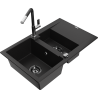 Mexen Gaspar 1.5-compartment granite sink with a drip tray and kitchen mixer tap Flora, Black - 6507-77-670401-07-B