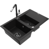 Mexen Gaspar granite sink 1.5-bowl with drainer and Flora kitchen faucet, black - 6507-77-670401-07-B