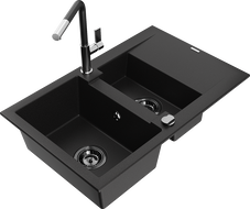 Mexen Gaspar granite sink 1.5-bowl with drainer and Flora kitchen faucet, black - 6507-77-670401-07-B
