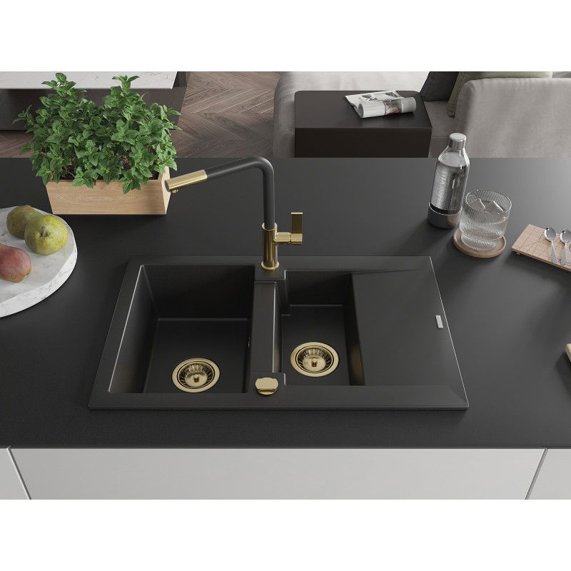 Mexen Gaspar granite sink 1.5-bowl with drainer and Flora kitchen tap, black - 6507-77-670401-57-G