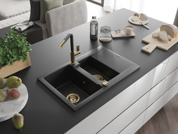 Mexen Gaspar 1.5-bowl granite sink with drainer and Flora kitchen faucet, black - 6507-77-670401-57-G