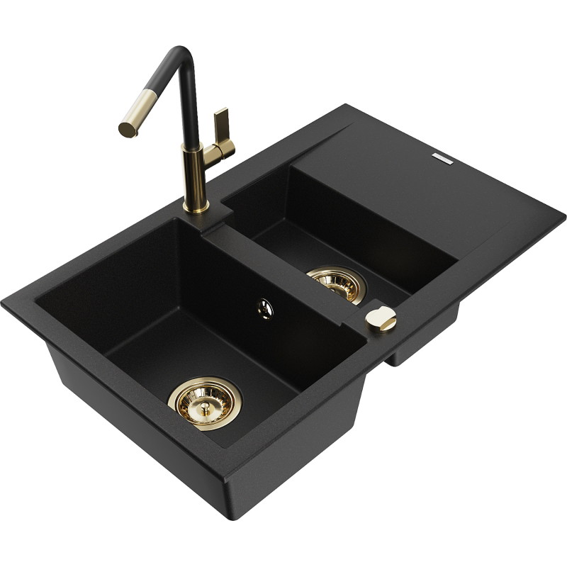 Mexen Gaspar granite sink 1.5-bowl with drainer and Flora kitchen faucet, black - 6507-77-670401-57-G