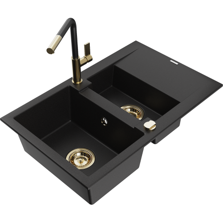 Mexen Gaspar 1.5-bowl granite sink with drainer and Flora kitchen faucet, black - 6507-77-670401-57-G