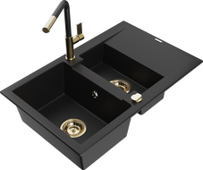 Mexen Gaspar 1.5-bowl granite sink with drainer and Flora kitchen faucet, black - 6507-77-670401-57-G
