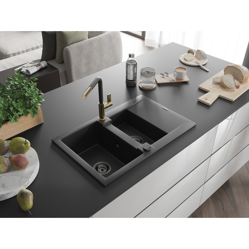 Mexen Gaspar granite kitchen sink 1.5-bowl with drainer and Flora kitchen faucet, black - 6507-77-670401-57-B