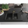 Mexen Gaspar 1.5-compartment granite sink with a drip tray and kitchen mixer tap Flora, Black - 6507-77-670401-57-B