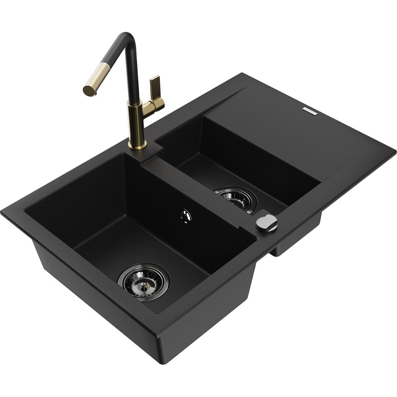 Mexen Gaspar granite sink 1.5-bowl with drainer and Flora kitchen faucet, black - 6507-77-670401-57-B