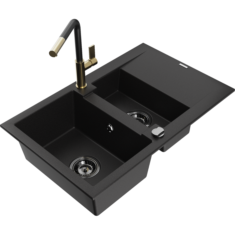 Mexen Gaspar granite sink 1.5-bowl with drainer and Flora kitchen tap, black - 6507-77-670401-57-B