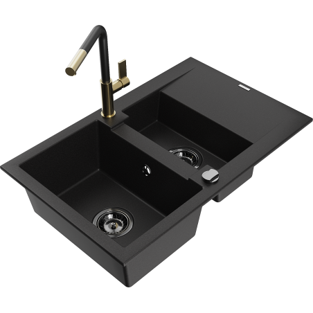 Mexen Gaspar granite kitchen sink 1.5-bowl with drainer and Flora kitchen faucet, black - 6507-77-670401-57-B