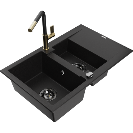 Mexen Gaspar granite sink 1.5-bowl with drainer and Flora kitchen tap, black - 6507-77-670401-57-B