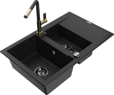 Mexen Gaspar granite sink 1.5-bowl with drainer and Flora kitchen faucet, black - 6507-77-670401-57-B