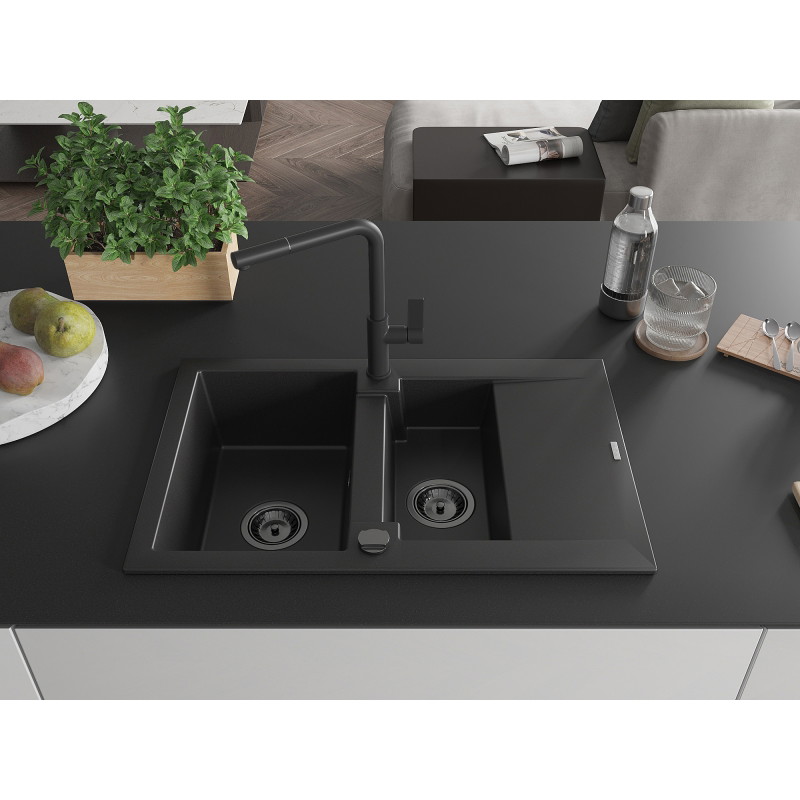 Mexen Gaspar granite sink 1.5-bowl with drainer and kitchen faucet Flora, black - 6507-77-670401-70-B