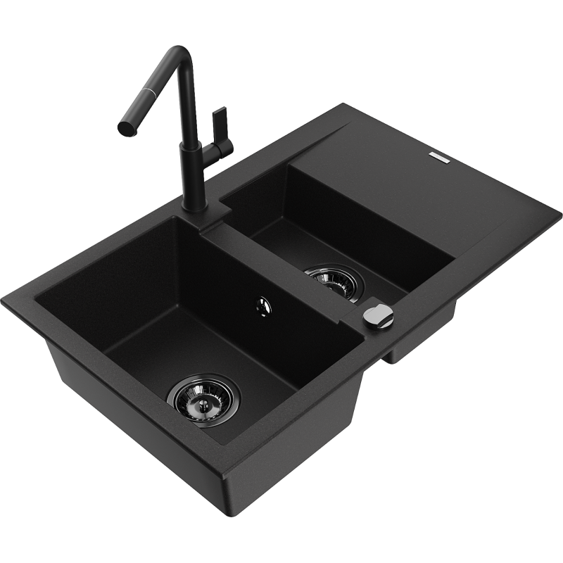 Mexen Gaspar 1.5-compartment granite sink with a drip tray and kitchen mixer tap Flora, Black - 6507-77-670401-70-B