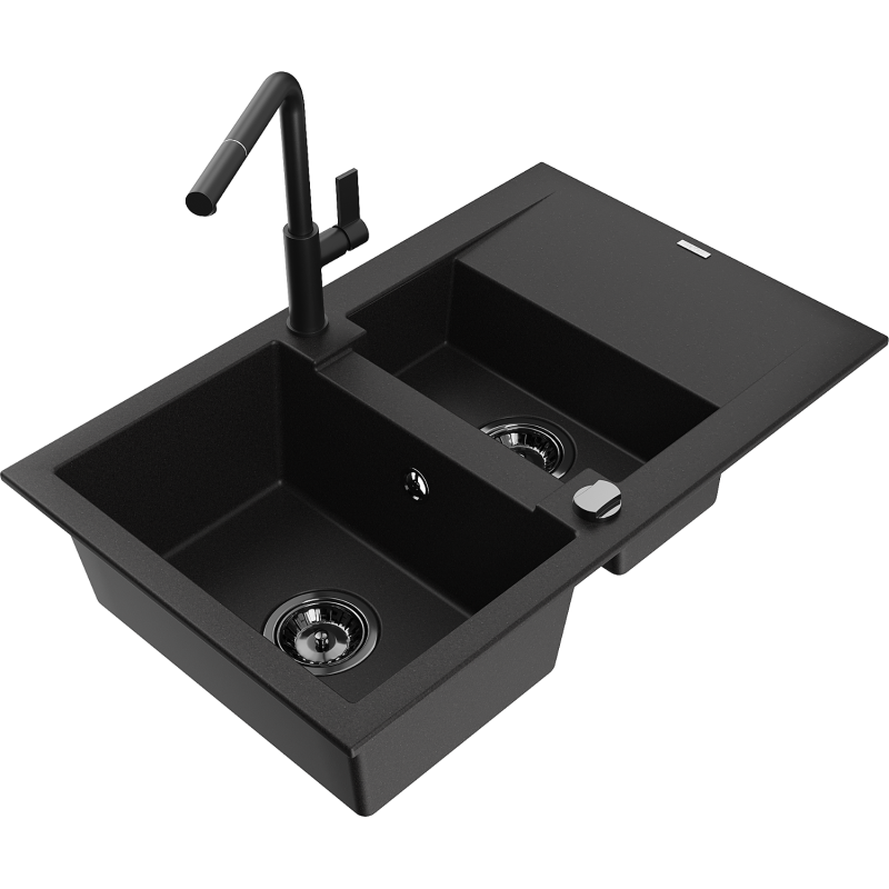 Mexen Gaspar granite sink 1.5-bowl with drainer and Flora kitchen tap, black - 6507-77-670401-70-B